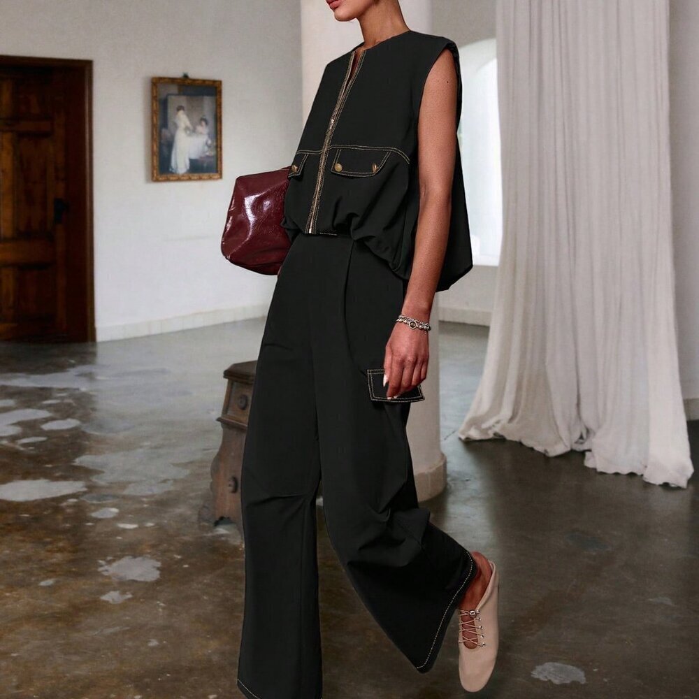 Black Casual Women's Zipper Sleeveless Top & Long Pants Coord Set